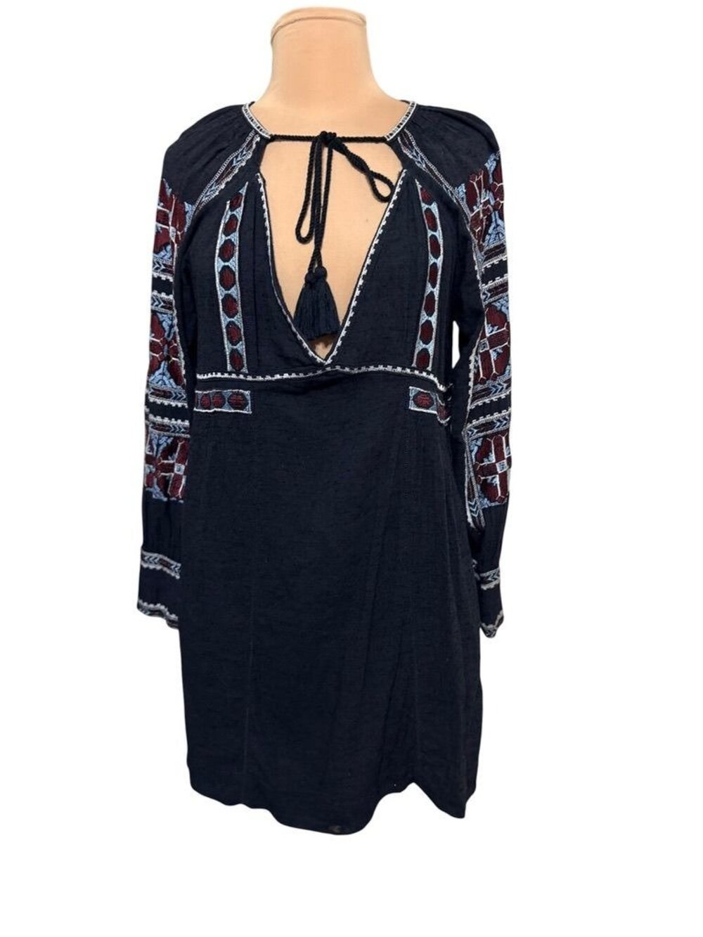 Free People Embroidered Tunic XS Black Burgundy Tassell Boho Basque Peasant